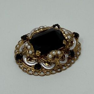 Vintage West Germany Filigree Brooch Black Glass Faux Pearl Victorian Revival